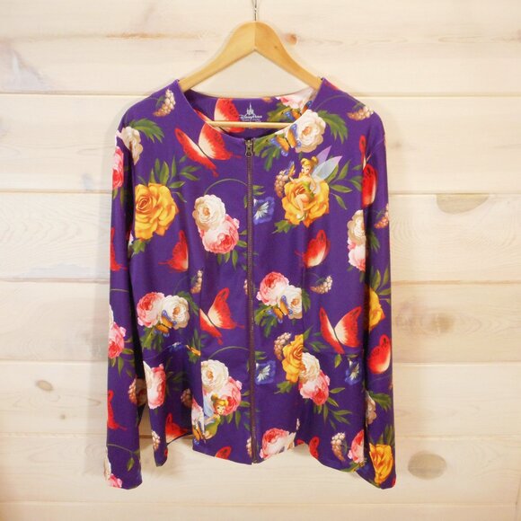 Disney Parks Women's size XL Peplum Jacket Tinker Bell Purple Floral Full Zip - Picture 1 of 11